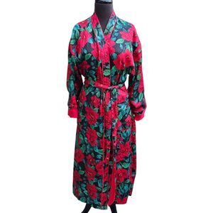 Victoria Secret Gold Label Satin Terry Lined Robe Red Floral Vintage Small